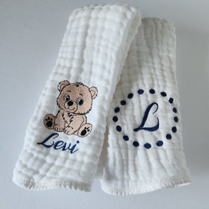 Cute Baby Bear Personalized Baby Burp Cloths, Monogram, Embroidered, Baby Boy, Cute Baby Bear with Deep Blue Font , Single or Set of 2