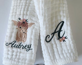 Baby Girl Highland Cow Personalized Baby Burp Cloths, Monogram, Embroidered, Baby Girl, Single or Set of 2