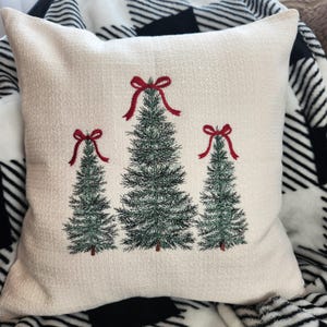 Embroidered Christmas Tree 16x16 (approximately) Pillow Cover, Polyester Linen, Without Pillow Insert. Pine Tree. Holiday.