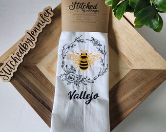 Bumble Bee in Flowers Towel, Flour Sack Kitchen Towels, Embroidered Kitchen Towel, Tea Towel. Can be personalized.