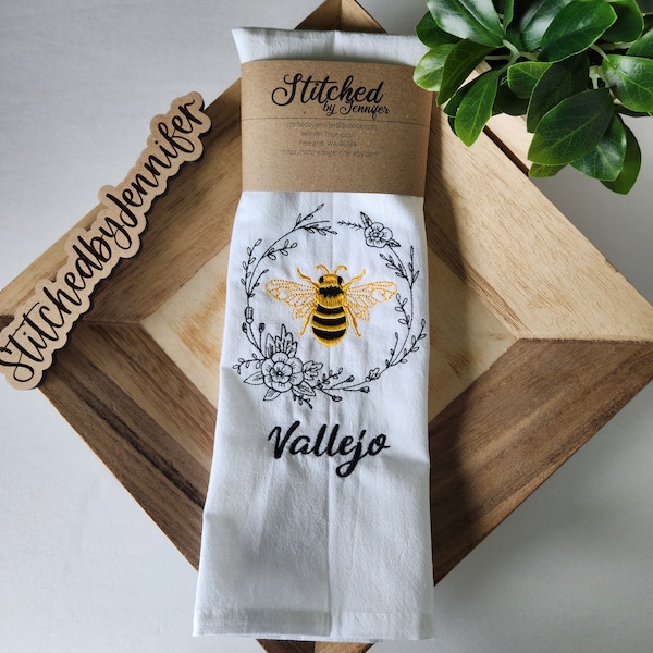 Bumble Bee in Flowers Towel, Flour Sack Kitchen Towels, Embroidered Kitchen Towel, Tea Towel. Can be personalized.