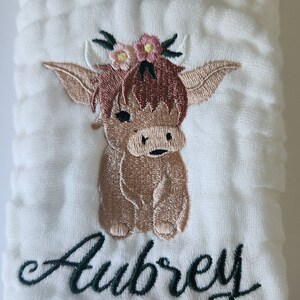 Baby Girl Highland Cow Personalized Baby Burp Cloths, Monogram, Embroidered, Baby Girl, Single or Set of 2 image 4