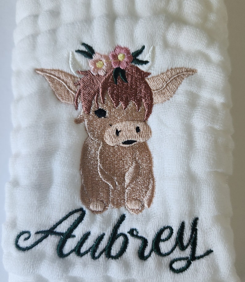 Baby Girl Highland Cow Personalized Baby Burp Cloths, Monogram, Embroidered, Baby Girl, Single or Set of 2 image 4