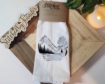 Mountain with River and Trees, Flour Sack Kitchen Towels, Embroidered Kitchen Towel, Tea TowelHigh quality, tightly woven 100 % cotton.