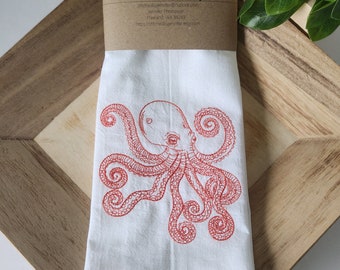 Octopus Embroidered Towel, Flour Sack Kitchen Towels, Embroidered Kitchen Towel, Tea Towel. Can be personalized.