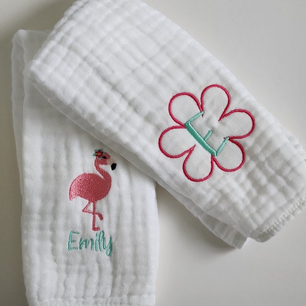 Flamingo Personalized Baby Burp Cloths, Monogram, Embroidered, Baby Girl, Single or Set of 2Gifts under 25 Dollars.