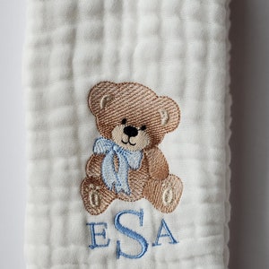 Teddy Bear with Bow Personalized Baby Burp Cloths, 1 or Set of 2, Monogram, Embroidered, Baby Boy/Girl. Bow color can be changed. image 3