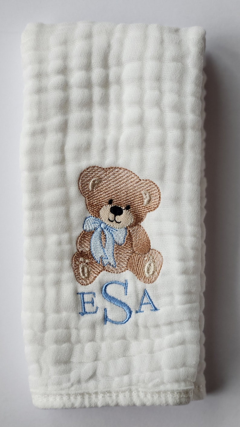Teddy Bear with Bow Personalized Baby Burp Cloths, 1 or Set of 2, Monogram, Embroidered, Baby Boy/Girl. Bow color can be changed. image 3