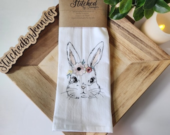 Sweet Bunny with Flowers Towel, Flour Sack Kitchen Towels, Embroidered Kitchen Towel, Tea Towel. Can be personalized.