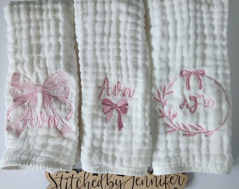 Bow Personalized Baby Burp Cloths, Monogram, Embroidered, Baby Girl, Set of Three, Set of Two, or Single.