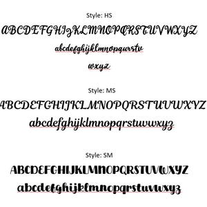 May include: Three different styles of fonts are shown in black. The first style is labeled "HS" and shows the alphabet in uppercase and lowercase. The second style is labeled "MS" and shows the alphabet in uppercase and lowercase. The third style is labeled "SM" and shows the alphabet in uppercase and lowercase.