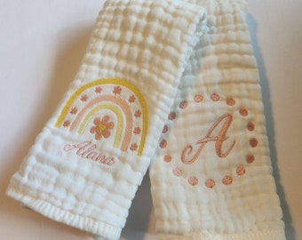 Personalized Baby Burp Cloths, Embroidered, Baby Girl, Rainbow and Daisy, Shades of Pink and Yellow, Single or Set of 2