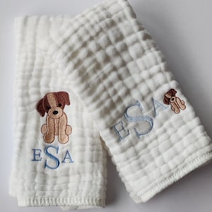 Little Brown Puppy Personalized Baby Burp Cloths, Monogram, Embroidered, Baby Boy, Baby Girl, Puppy, Single or Set of 2.