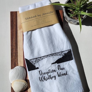 Deception Pass, Whidbey Island  Embroidered Kitchen Towel, Flour Sack Towel, Tea Towel