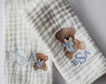 Teddy Bear with Bow Personalized Baby Burp Cloths, 1 or Set of 2, Monogram, Embroidered, Baby Boy/Girl. Bow color can be changed.