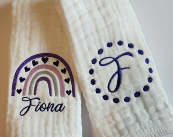 Personalized Baby Burp Cloths, Monogram, Embroidered, Baby Girl, Baby Boy, Rainbow, Shades of Purple, Single or Set of 2