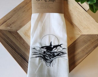 Orca Whale in The Moon Towel, Flour Sack Kitchen Towels, Embroidered Kitchen Towel, Tea TowelHigh quality, tightly woven 100 % cotton.