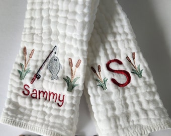 Fishing Personalized Baby Burp Cloths, Monogram, Embroidered, Baby Girl or Boy, Fishing Burp Cloth set, Single or Set of 2