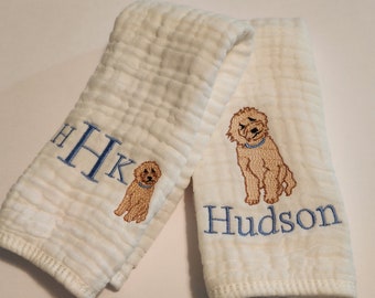 Doodle Puppy Personalized Baby Burp Cloths, Monogram, Embroidered, Baby Boy, Baby Girl, Single or Set of 2.