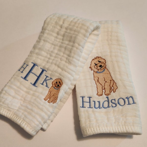 Doodle Puppy Personalized Baby Burp Cloths, Monogram, Embroidered, Baby Boy, Baby Girl, Single or Set of 2.