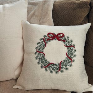 Embroidered Christmas Wreath 16x16 (approximately) Pillow Cover, Polyester Linen, Without Pillow Insert. Pine Tree. Holiday.