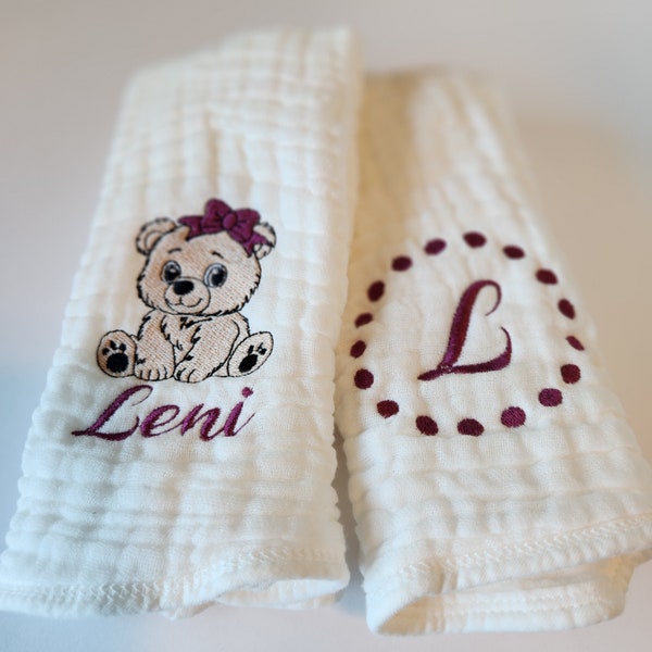 Cute Bear with Pink Bow Personalized Baby Burp Cloths, Monogram, Embroidered, Baby Girl, Single or Set of 2