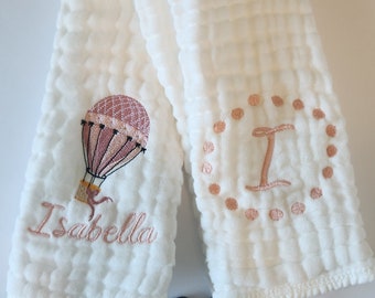 Hot Air Balloon Personalized Baby Burp Cloths, Monogram, Embroidered, Baby Girl, Single or Set of 2