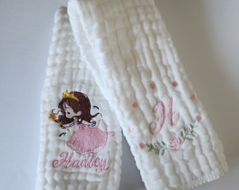 Fairy Princess Personalized Baby Burp Cloths, Embroidered, Baby Girl, Single or Set of 2. Hair color and skin color can be adjusted.