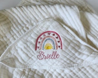 Personalized Embroidered Hooded Towel for Babies and Toddlers, 100% Muslin Cotton, multiple designs available.