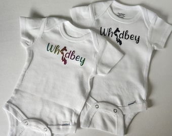 Unisex Whidbey Island Baby Bodysuit. White with rainbow, or black vinyl. (Vinyl, not embroidered.)