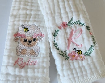 Little Sheep with a Bee Personalized Baby Burp Cloths, Monogram, Embroidered, Baby Girl, Single or Set of 2