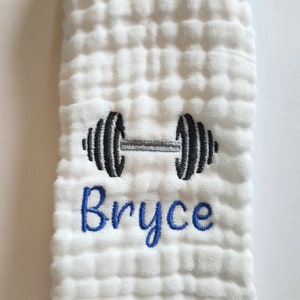 Personalized Baby Burp Cloths, Monogram, Embroidered, Baby Girl, Baby Boy, Dumbbell with NameGifts under 25 Dollars.
