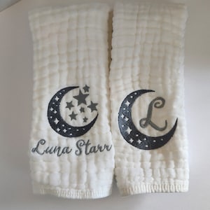 Moon and Stars Personalized Baby Burp Cloths, Monogram, Embroidered, Baby Boy, Baby Girl, Single or Set of 2.