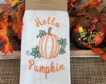 Hello Pumpkin Embroidered Kitchen Towel, Flour Sack Towel, Tea Towel, Fall, Halloween Towel