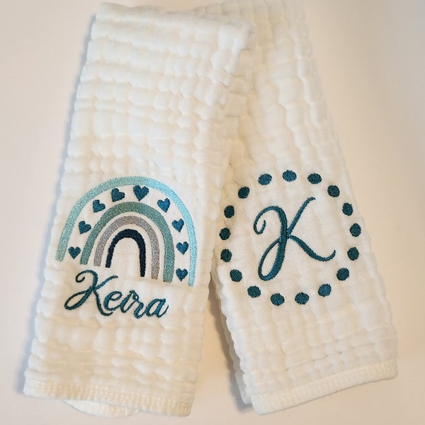 Personalized Baby Burp Cloths, Monogram, Embroidered, Baby Girl, Baby Boy, Rainbow, Shades of Aqua and Teal, Single or Set of 2