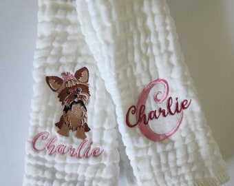 Yorkie Embroidered Personalized Baby Burp Cloths, Monogram, Embroidered, Baby Girl, Single or Set of 2