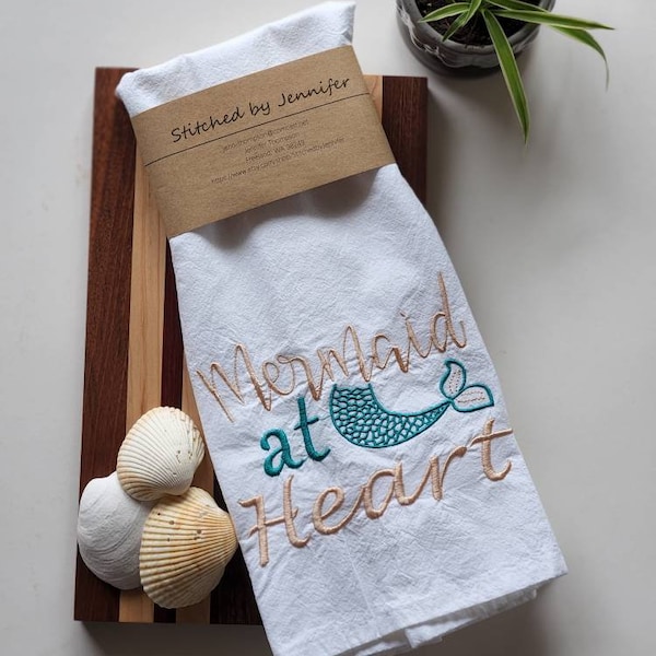 Mermaid at Heart Kitchen Towel, Flour Sack Towel, Embroidered Kitchen Towel, Tea TowelHigh quality, tightly woven 100 % cotton.