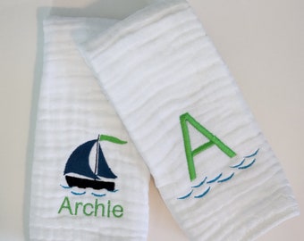 Sailboat Personalized Baby Burp Cloths, Monogram, Embroidered, Baby Boy/Girl, Sailboat, Single or Set of 2, colors can be changed.