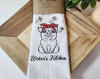 Cute Pig with Bees Towel, Flour Sack Kitchen Towels, Embroidered Kitchen Towel, Tea Towel. Can be personalized.