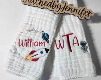 Rocket Ship Personalized Baby Burp Cloths, Monogram, Embroidered, Baby Boy/Girl,  Astronaut, Single or Set of 2. Space and Planets