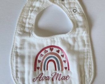 Muslin Baby Bib, Embroidered Boho Rainbow with Name, Personalized. If you would like one of my other designs on a bib, just ask!