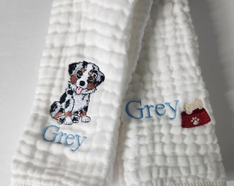 Australian Shepherd Puppy Personalized Baby Burp Cloths, Monogram, Embroidered, Baby Boy, Baby Girl, Single or Set of 2.