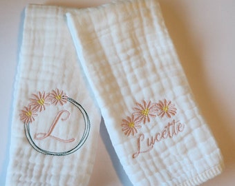Daisy Personalized Baby Burp Cloths, 1 or Set of 2, Monogram, Embroidered, Baby Girl, Pink Daisy