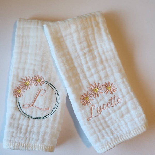 Daisy Personalized Baby Burp Cloths, 1 or Set of 2, Monogram, Embroidered, Baby Girl, Pink Daisy