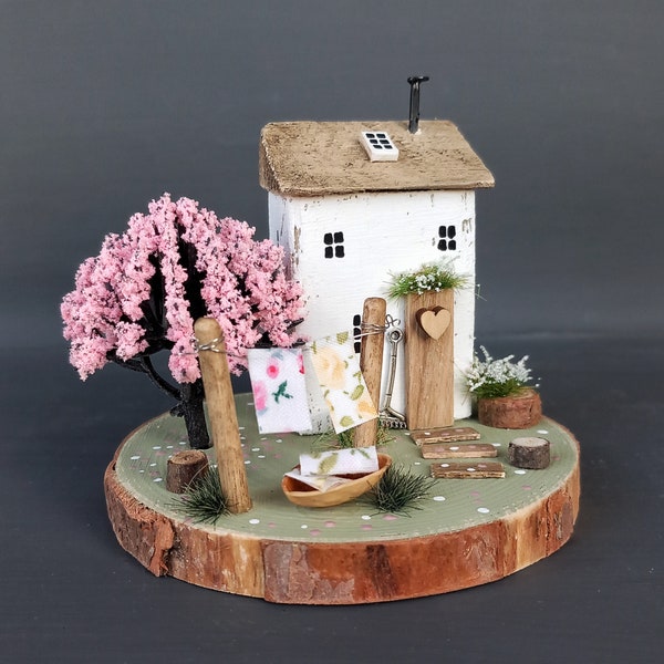 Cherry Blossom Cottage, Driftwood House, Spring Decor, Made to Order