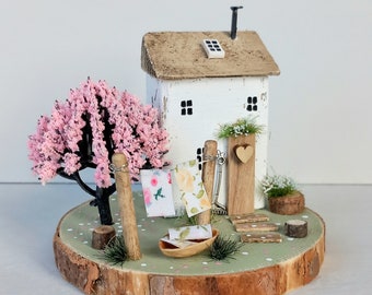 Cherry Blossom Cottage, Driftwood House, Spring Decor, Made to Order