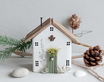 Wildflower Cottage, Driftwood House Miniature, New Home Gift, Wooden Ornament, Garden Lovers Gift