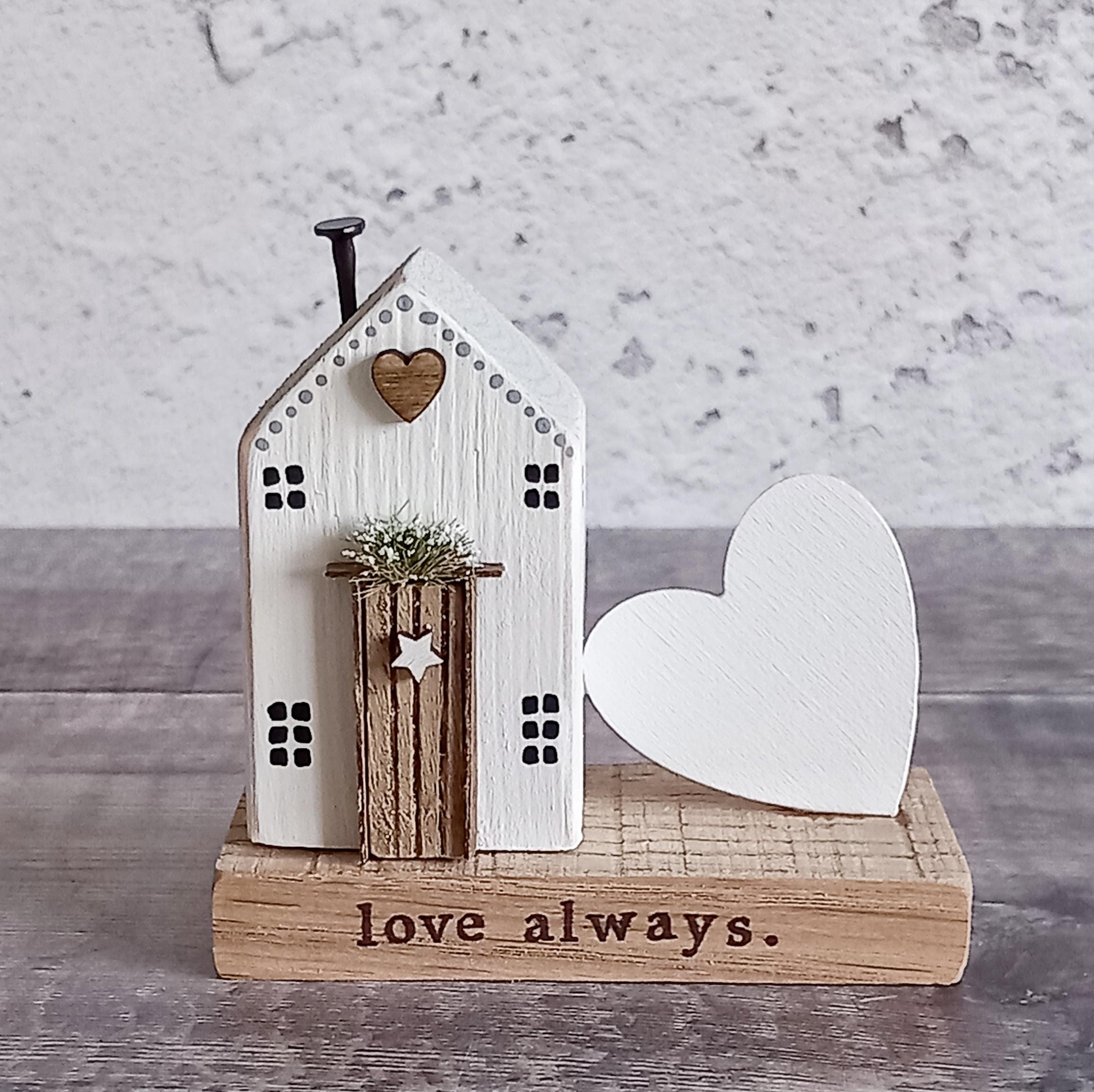 Driftwood Cottage Ornament, Handmade Wooden House With White Heart