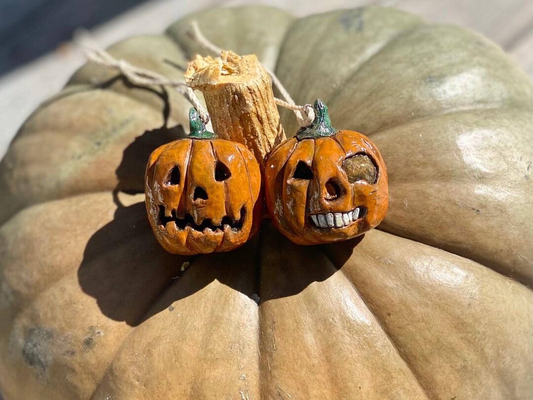 Set of 2 Hand-sculpted Hand-painted Jack-o-lanterns Clay Christmas ...