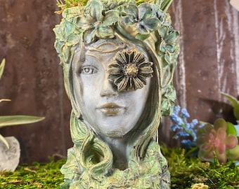 Lady Head Cement Planter – Fairycore Whimsical Bust Pot – Unique Cottagecore Plant Vessel & Home Accent